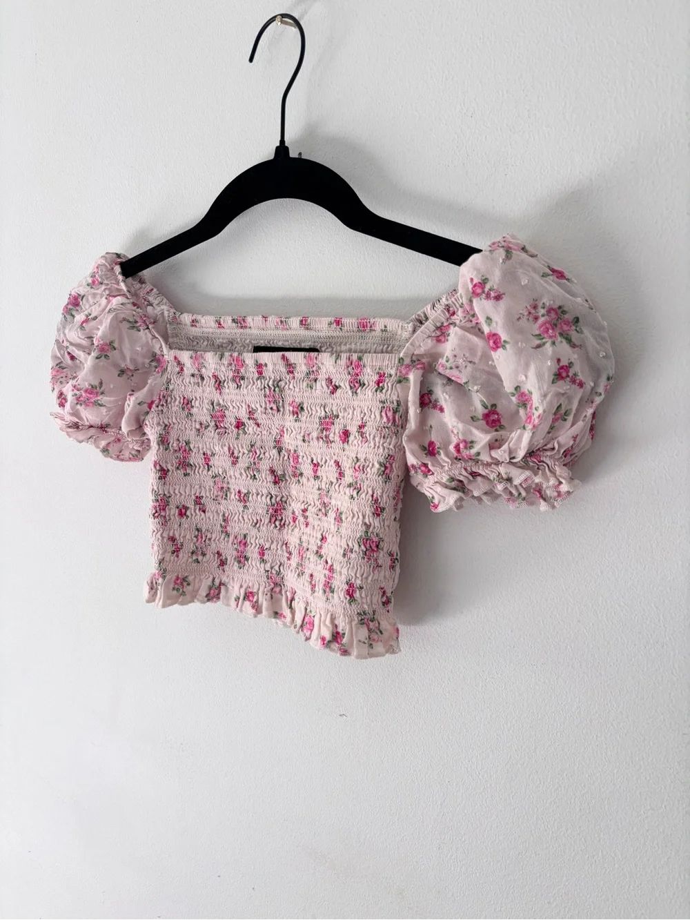 KatieJ NYC floral smocked crop top puff shirt girls small cream pink